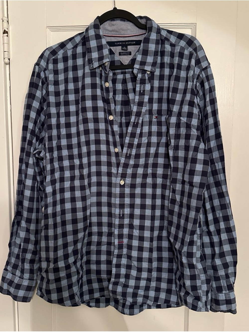 Tommy Hilfiger Men's Light Blue and Navy Check Button-Down Shirt